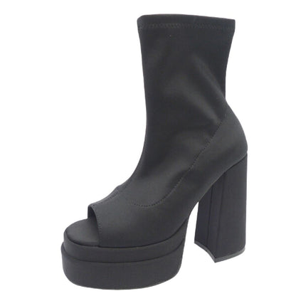 Aziza black platform ankle boots with open toe and chunky high heel in sleek modern design