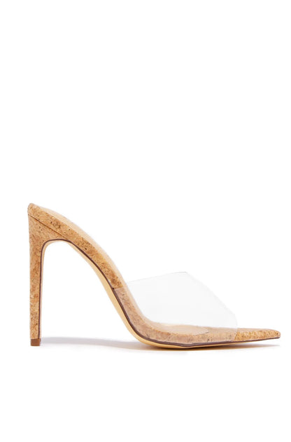 Cora elegant stiletto heel mule with cork-style sole and clear strap, a sleek fashion heel for women