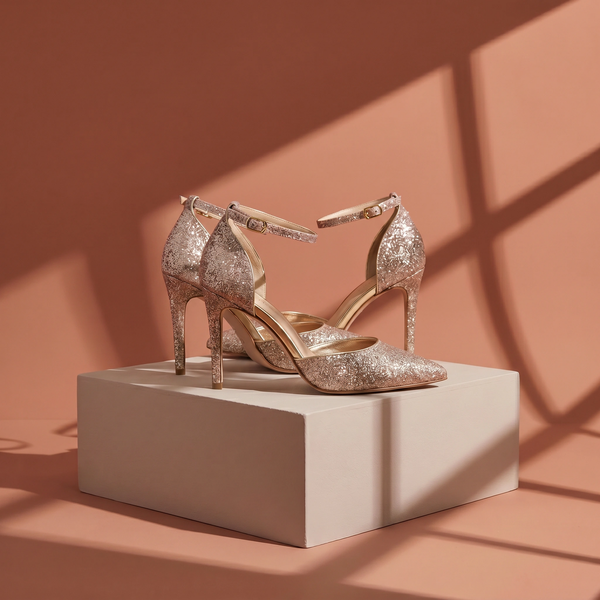 Pair of glittery high-heeled shoes on a beige platform against a brown background