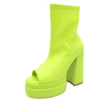 Aziza neon yellow platform high-heel ankle boot with peep toe and sleek silhouette for bold fashion looks