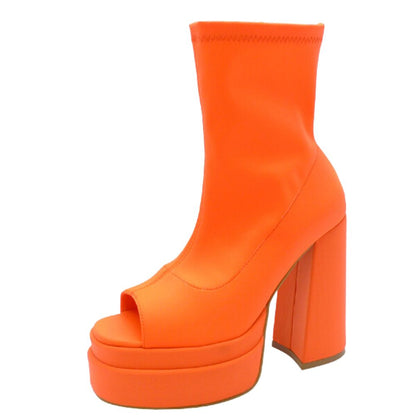 Aziza vibrant orange platform ankle boots with open toe and chunky high heel for bold fashion statement