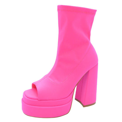Aziza bright pink platform ankle boots with open toe and chunky high heels in a sleek silhouette