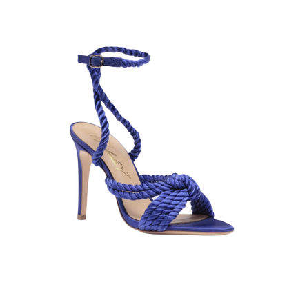 Selene blue stiletto heel sandal with twisted rope straps and ankle buckle closure for elegant fashion looks