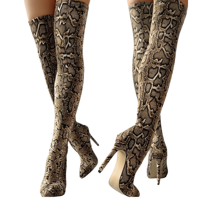 Tiosebon Snake Boots featuring tall stiletto heels and a bold snake print in a sleek, modern knee-high design