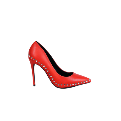 Maji red pointed-toe stiletto heel with silver stud accents, sleek silhouette for stylish women‚Äôs footwear.