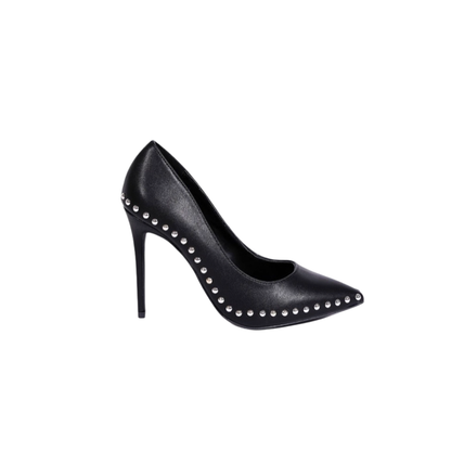 Maji black stiletto heels with pointed toe and silver stud detailing along the edge for a sleek style