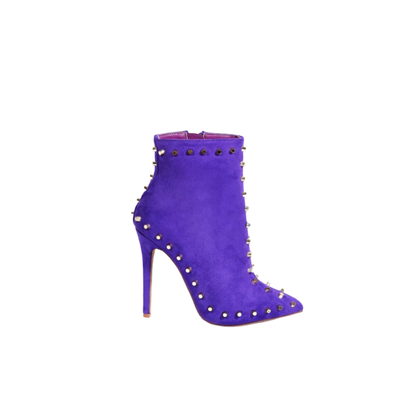 Purple Lexa ankle boots with stiletto heels and gold studded detailing for a bold fashion statement